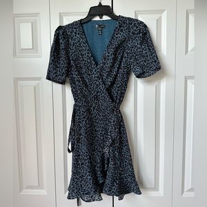 Aqua Blue Animal Print Wrap Dress with Ruffling